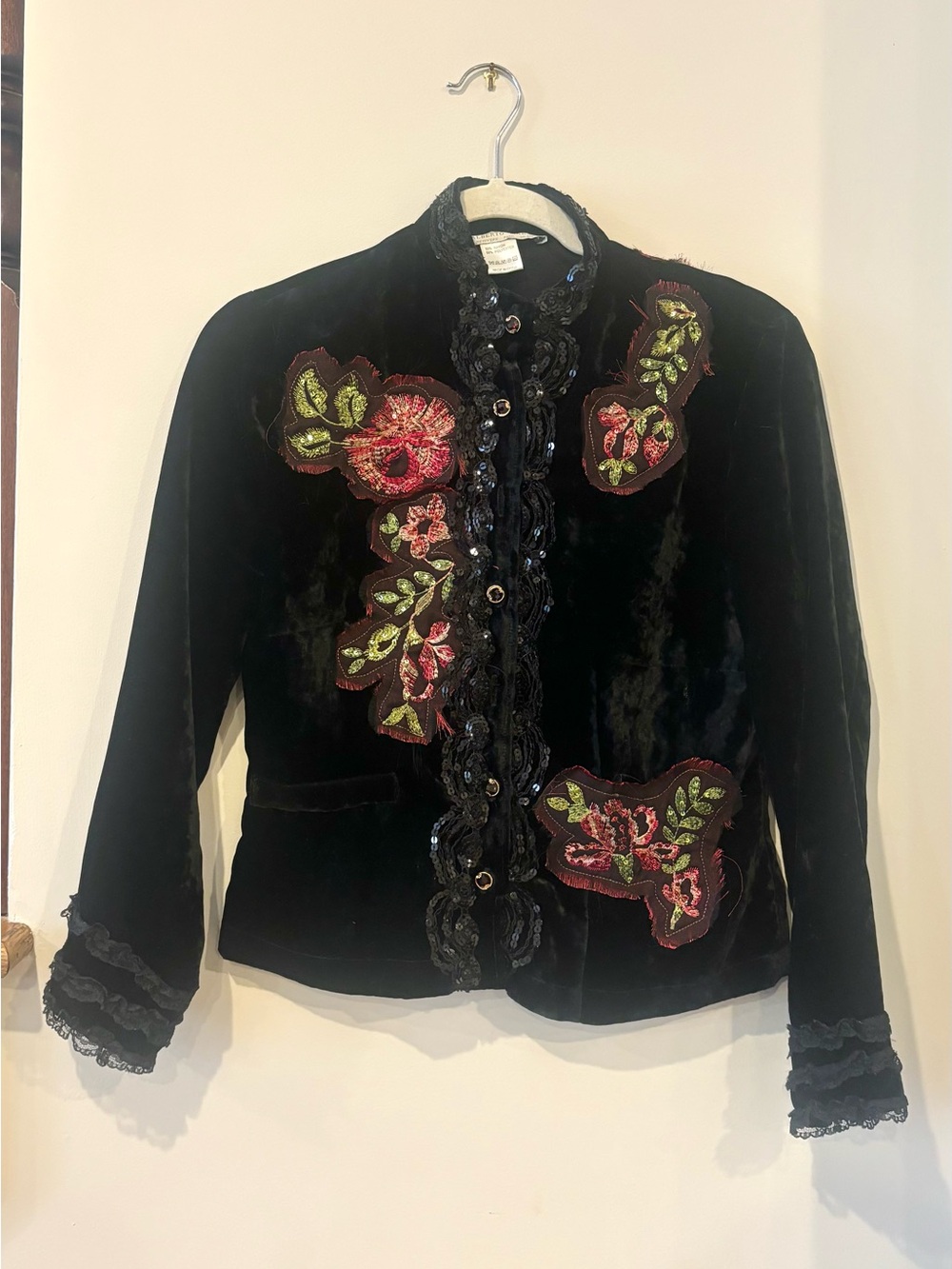 Alberto Makali Black Velvet Blazer with Red & Green Floral Appliqué